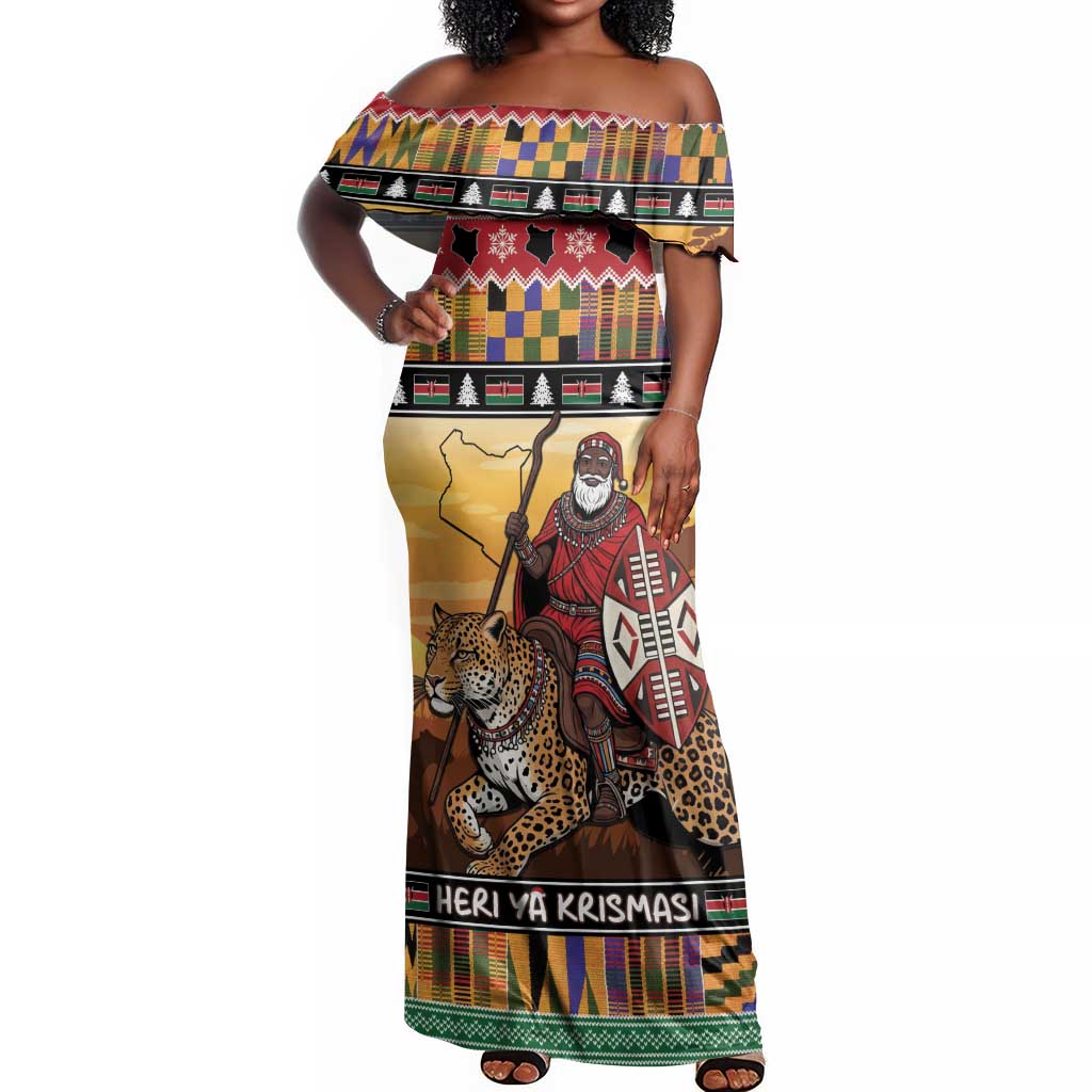 Afro Christmas in Kenya Safari Off Shoulder Maxi Dress Black Santa Riding Leopards - African Pride