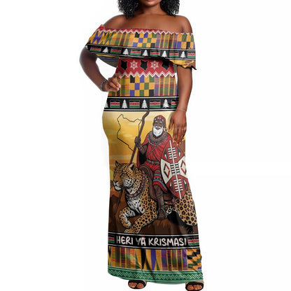 Afro Christmas in Kenya Safari Off Shoulder Maxi Dress Black Santa Riding Leopards - African Pride