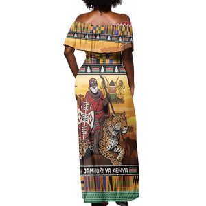 Afro Christmas in Kenya Safari Off Shoulder Maxi Dress Black Santa Riding Leopards - African Pride