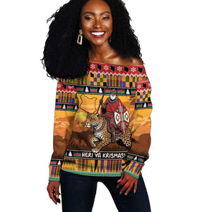 Afro Christmas in Kenya Safari Off Shoulder Sweater Black Santa Riding Leopards - African Pride