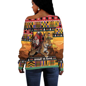 Afro Christmas in Kenya Safari Off Shoulder Sweater Black Santa Riding Leopards - African Pride