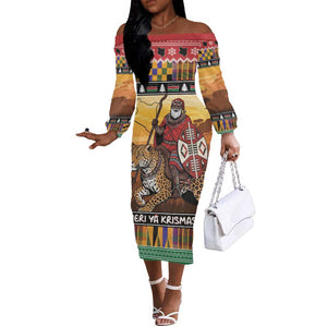 Afro Christmas in Kenya Safari Off The Shoulder Long Sleeve Dress Black Santa Riding Leopards - African Pride