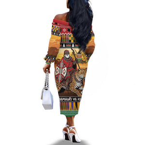 Afro Christmas in Kenya Safari Off The Shoulder Long Sleeve Dress Black Santa Riding Leopards - African Pride