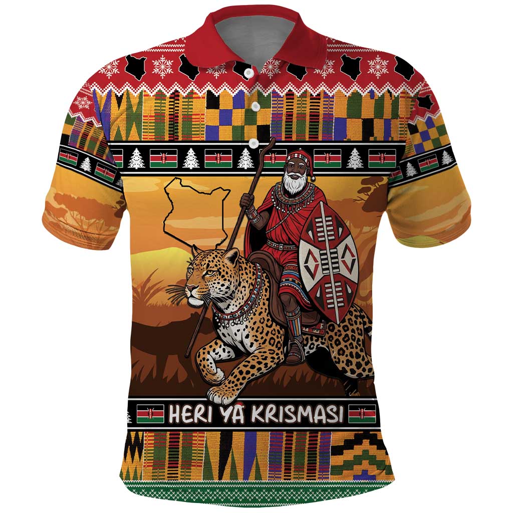Afro Christmas in Kenya Safari Polo Shirt Black Santa Riding Leopards - African Pride