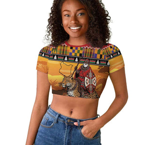 Afro Christmas in Kenya Safari Raglan Cropped T shirt Black Santa Riding Leopards - African Pride