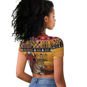 Afro Christmas in Kenya Safari Raglan Cropped T shirt Black Santa Riding Leopards - African Pride