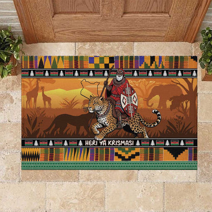 Afro Christmas in Kenya Safari Rubber Doormat Black Santa Riding Leopards - African Pride