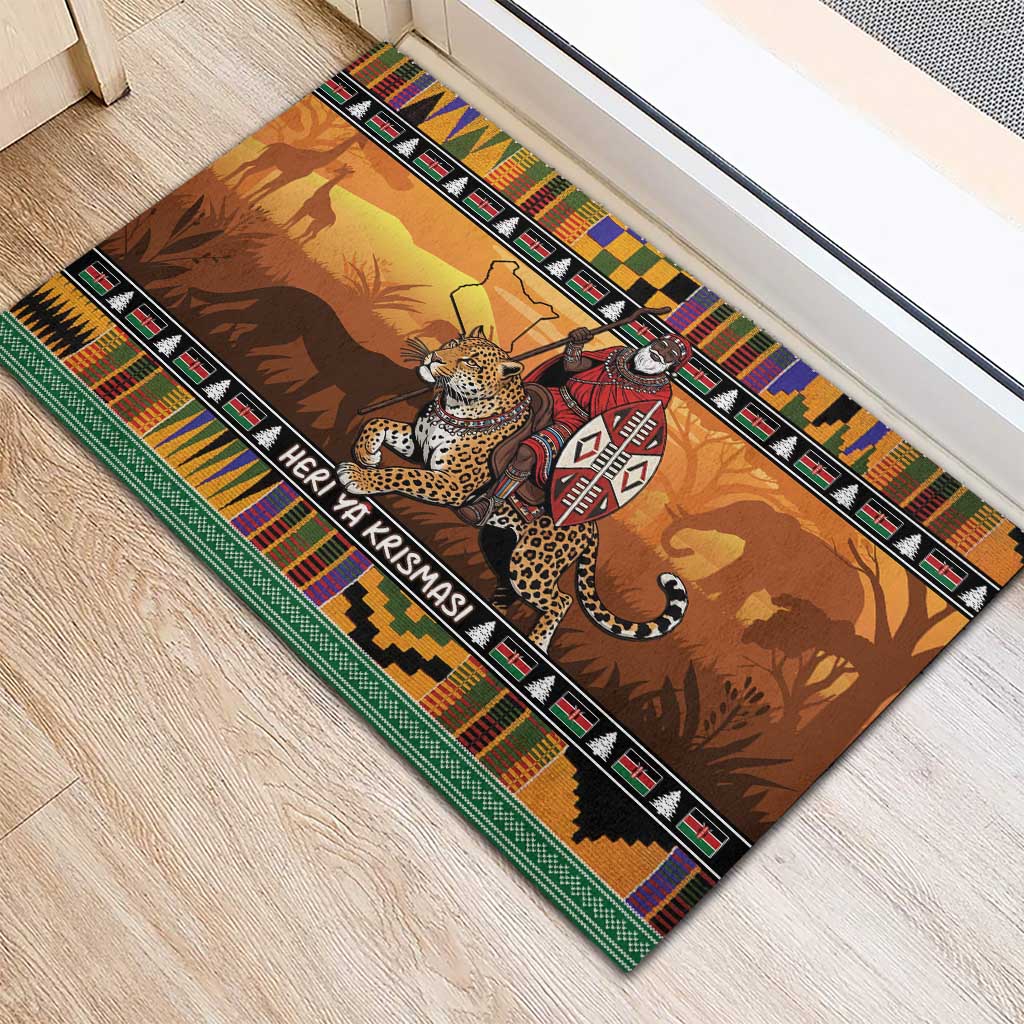 Afro Christmas in Kenya Safari Rubber Doormat Black Santa Riding Leopards - African Pride