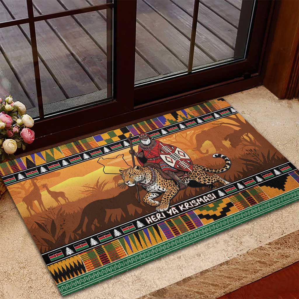 Afro Christmas in Kenya Safari Rubber Doormat Black Santa Riding Leopards - African Pride