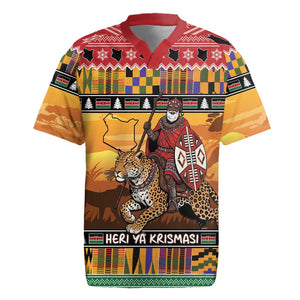 Afro Christmas in Kenya Safari Rugby Jersey Black Santa Riding Leopards - African Pride