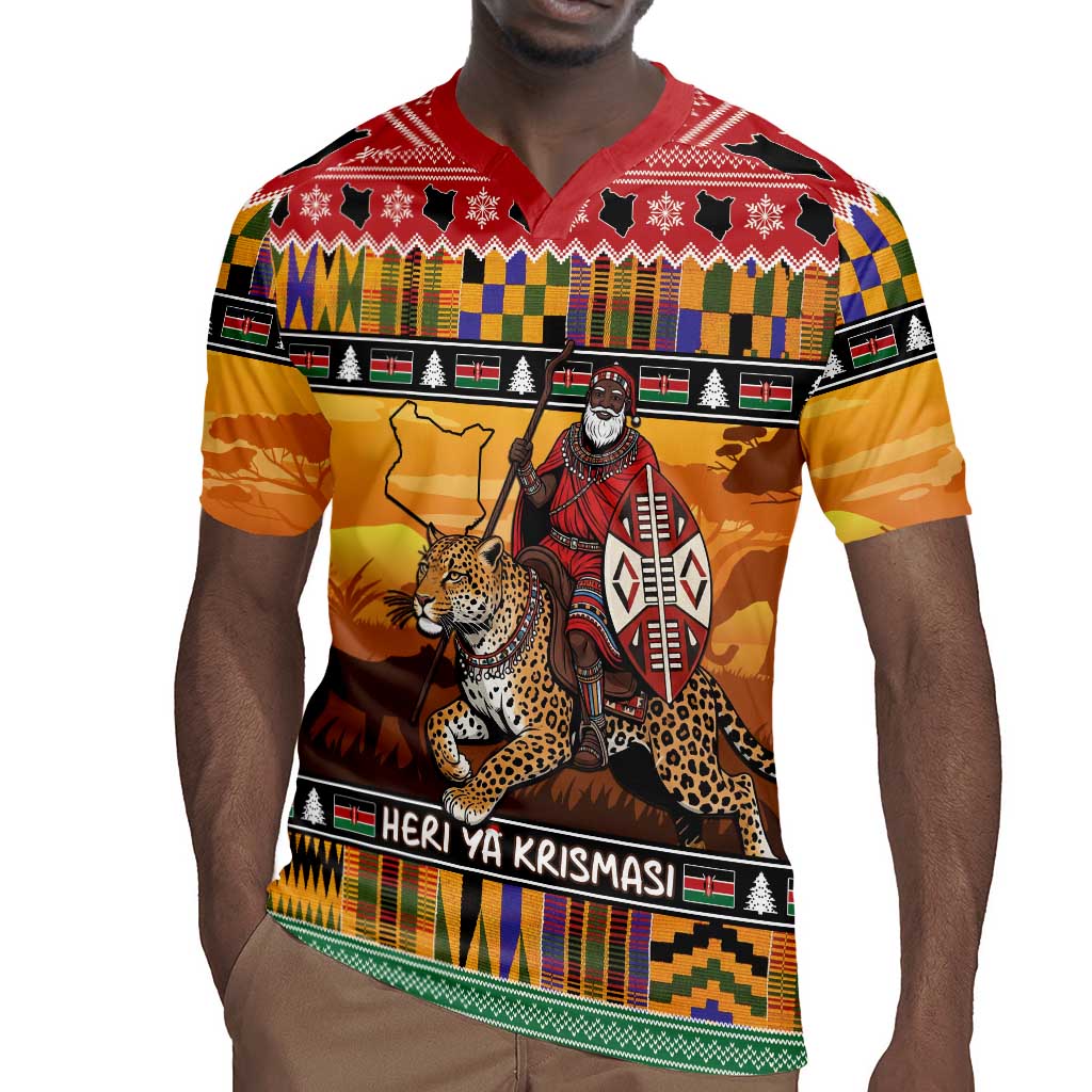Afro Christmas in Kenya Safari Rugby Jersey Black Santa Riding Leopards - African Pride