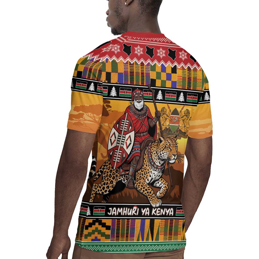 Afro Christmas in Kenya Safari Rugby Jersey Black Santa Riding Leopards - African Pride