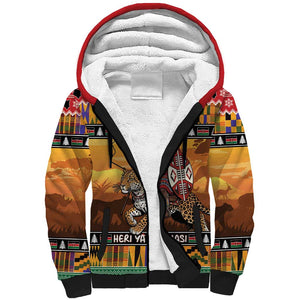 Afro Christmas in Kenya Safari Sherpa Hoodie Black Santa Riding Leopards - African Pride