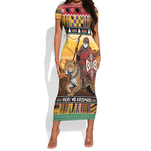 Afro Christmas in Kenya Safari Short Sleeve Bodycon Dress Black Santa Riding Leopards - African Pride