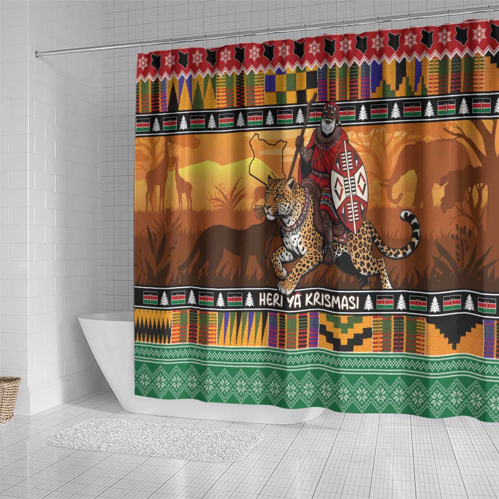 Afro Christmas in Kenya Safari Shower Curtain Black Santa Riding Leopards - African Pride