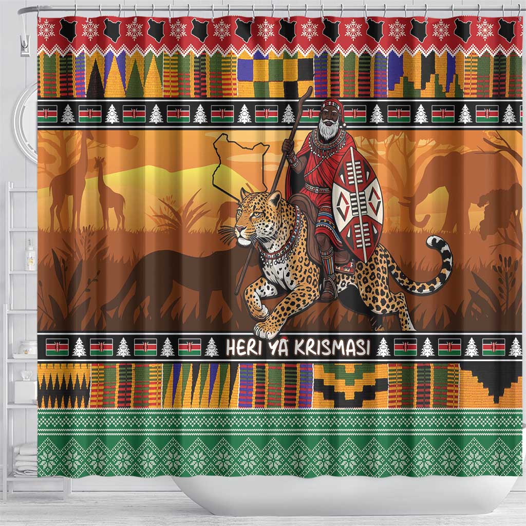 Afro Christmas in Kenya Safari Shower Curtain Black Santa Riding Leopards - African Pride