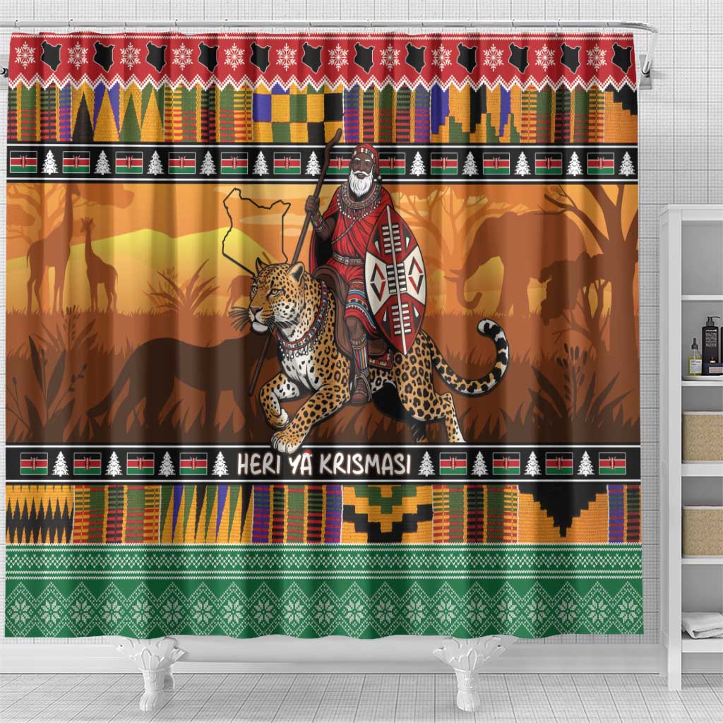 Afro Christmas in Kenya Safari Shower Curtain Black Santa Riding Leopards - African Pride