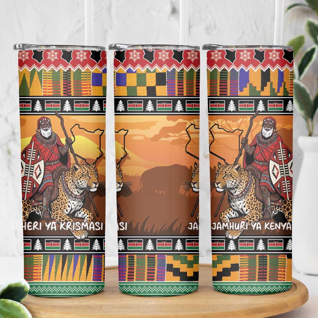 Afro Christmas in Kenya Safari Skinny Tumbler Black Santa Riding Leopards - African Pride