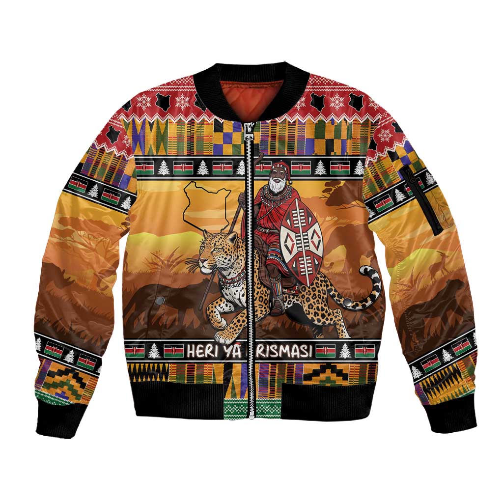 Afro Christmas in Kenya Safari Sleeve Zip Bomber Jacket Black Santa Riding Leopards - African Pride