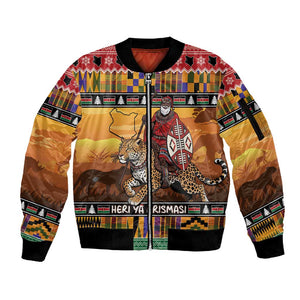 Afro Christmas in Kenya Safari Sleeve Zip Bomber Jacket Black Santa Riding Leopards - African Pride