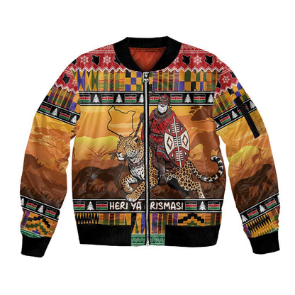 Afro Christmas in Kenya Safari Sleeve Zip Bomber Jacket Black Santa Riding Leopards - African Pride
