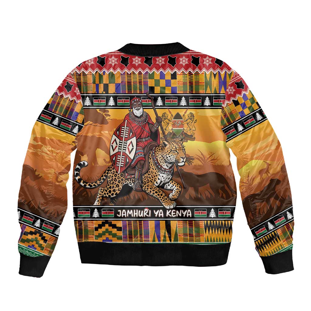Afro Christmas in Kenya Safari Sleeve Zip Bomber Jacket Black Santa Riding Leopards - African Pride