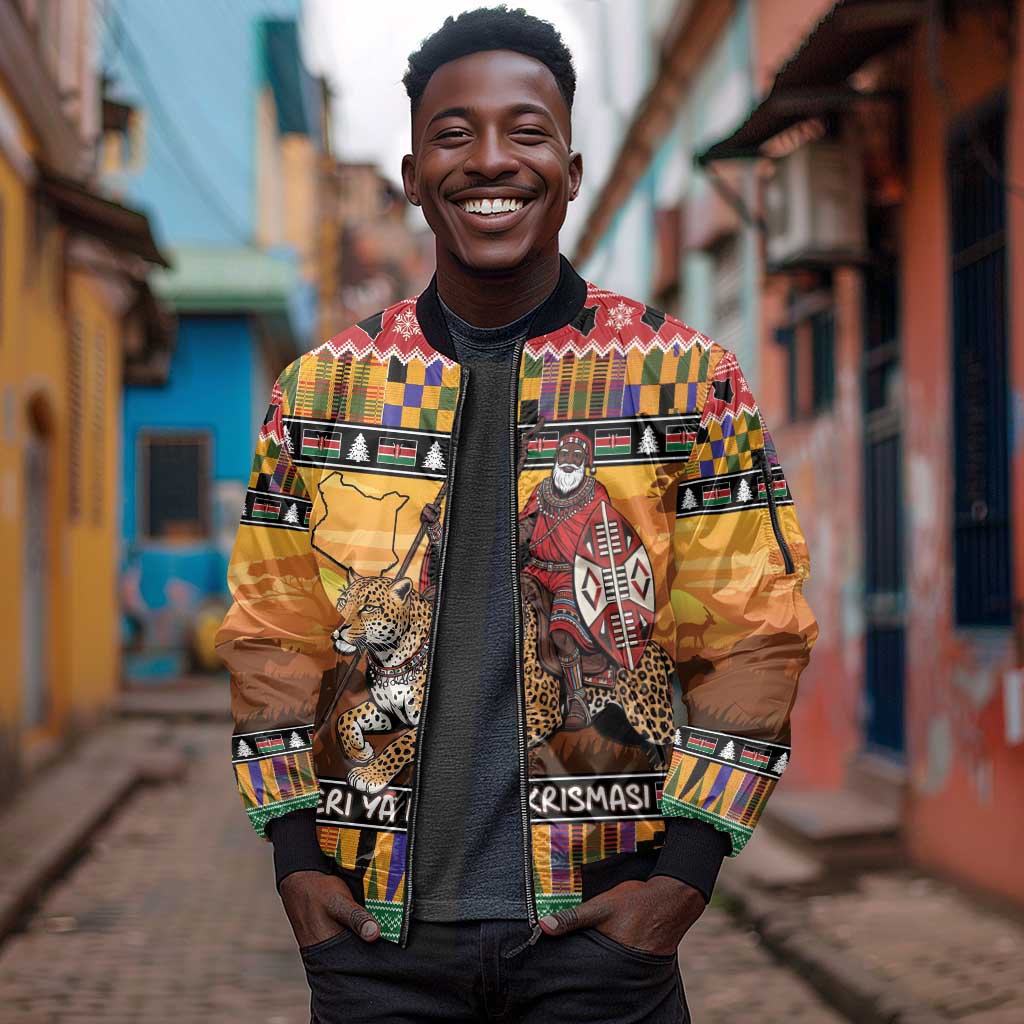 Afro Christmas in Kenya Safari Sleeve Zip Bomber Jacket Black Santa Riding Leopards - African Pride