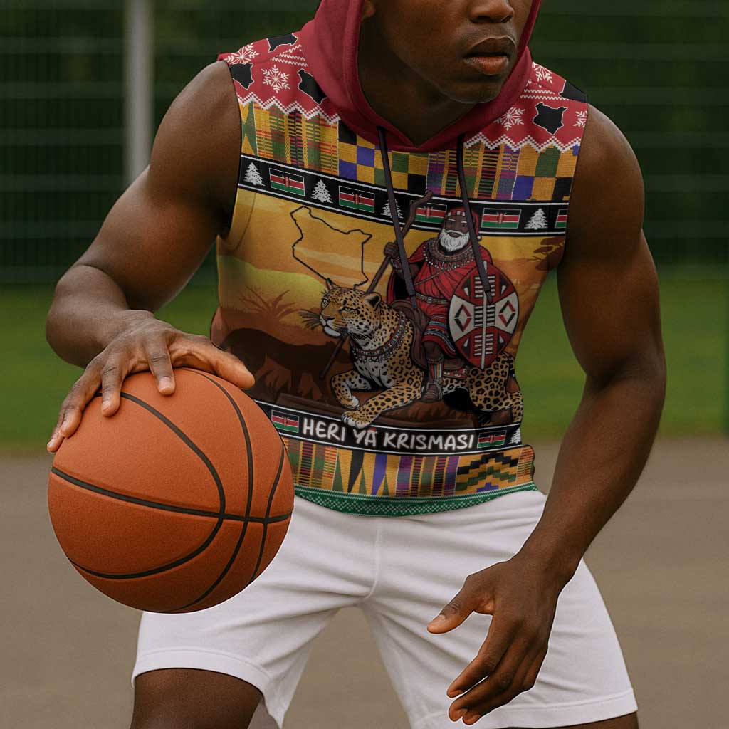 Afro Christmas in Kenya Safari Sleeveless Hoodie Black Santa Riding Leopards - African Pride