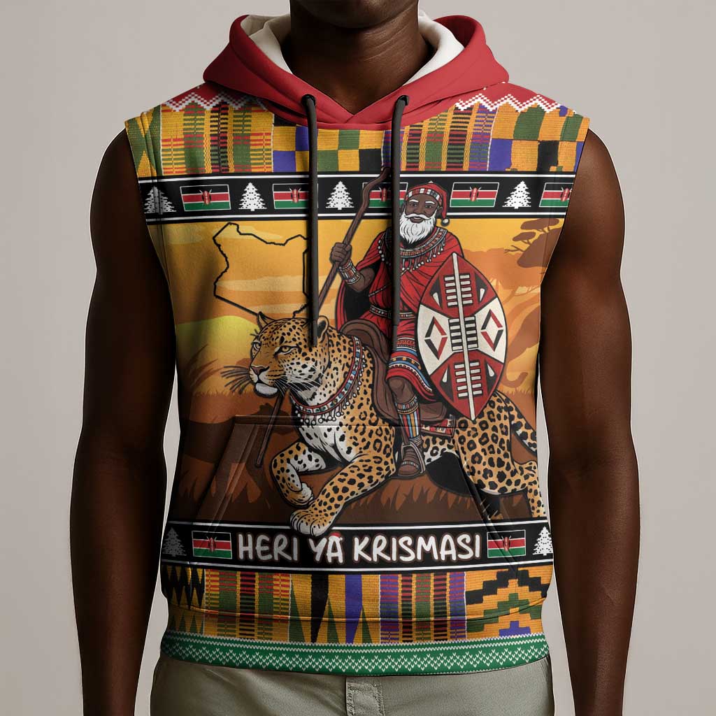 Afro Christmas in Kenya Safari Sleeveless Hoodie Black Santa Riding Leopards - African Pride