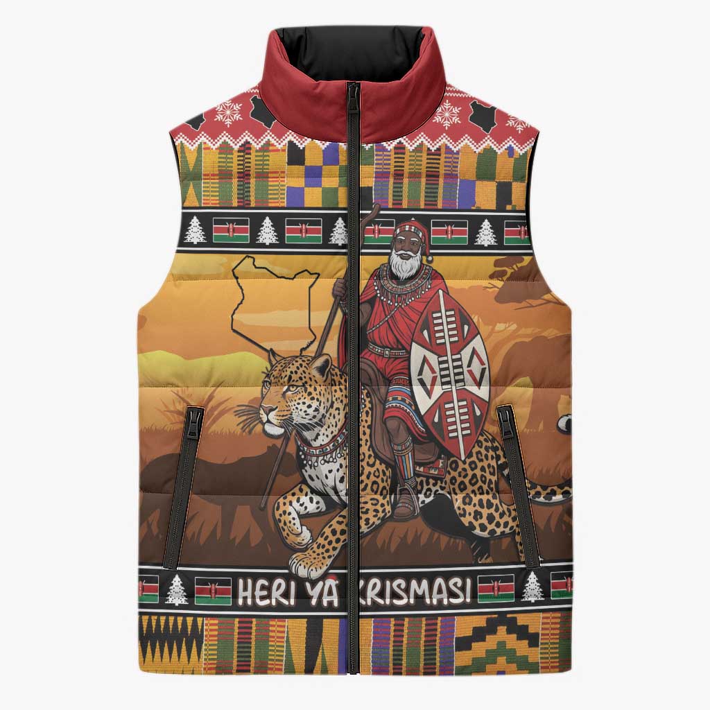 Kenya Safari Christmas Sleeveless Puffer Jacket Black Santa Riding Leopards - Heri ya Krismasi