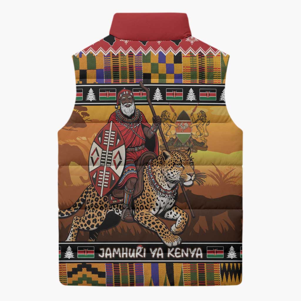 Kenya Safari Christmas Sleeveless Puffer Jacket Black Santa Riding Leopards - Heri ya Krismasi