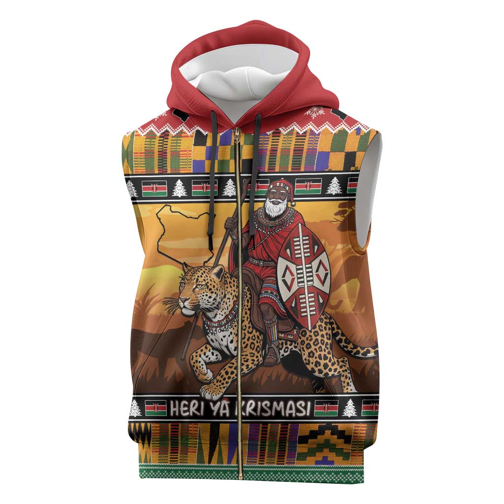 Afro Christmas in Kenya Safari Sleeveless Zip Hoodie Black Santa Riding Leopards - African Pride