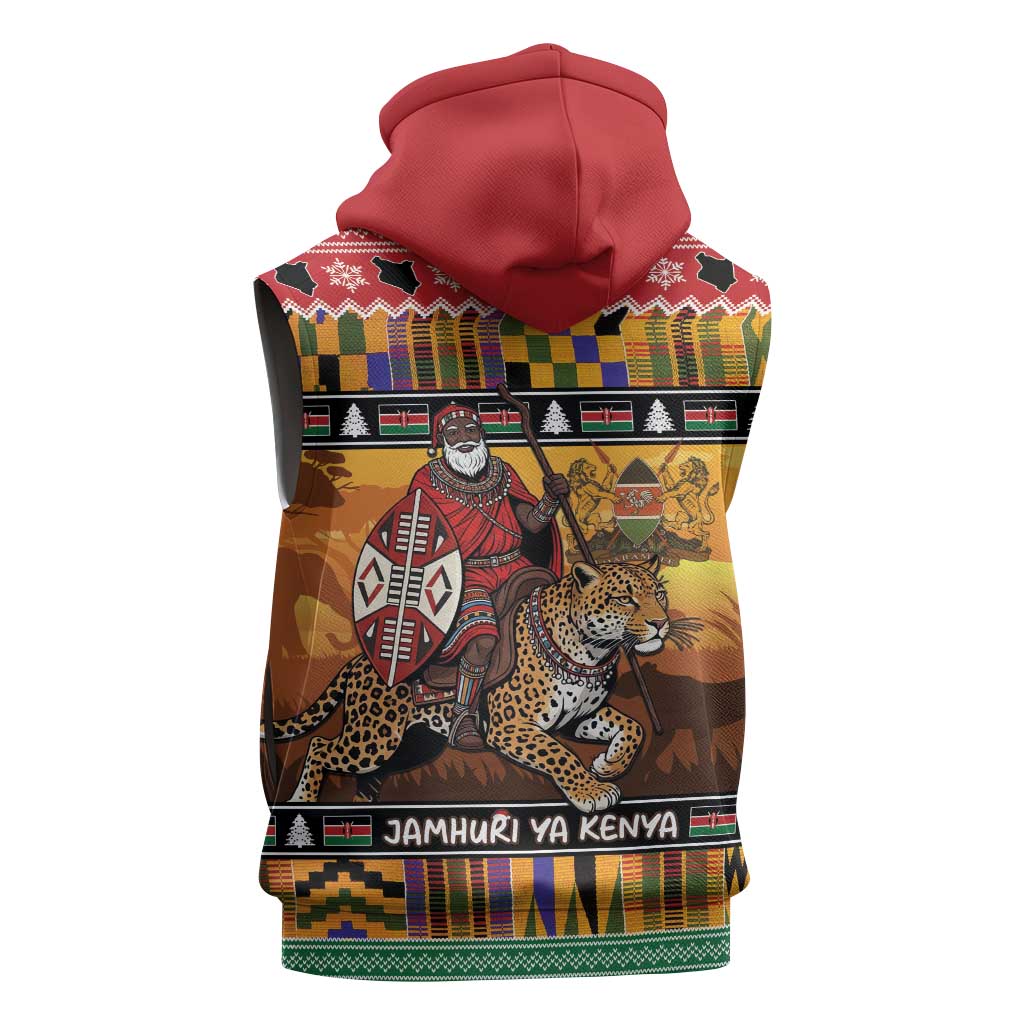 Afro Christmas in Kenya Safari Sleeveless Zip Hoodie Black Santa Riding Leopards - African Pride