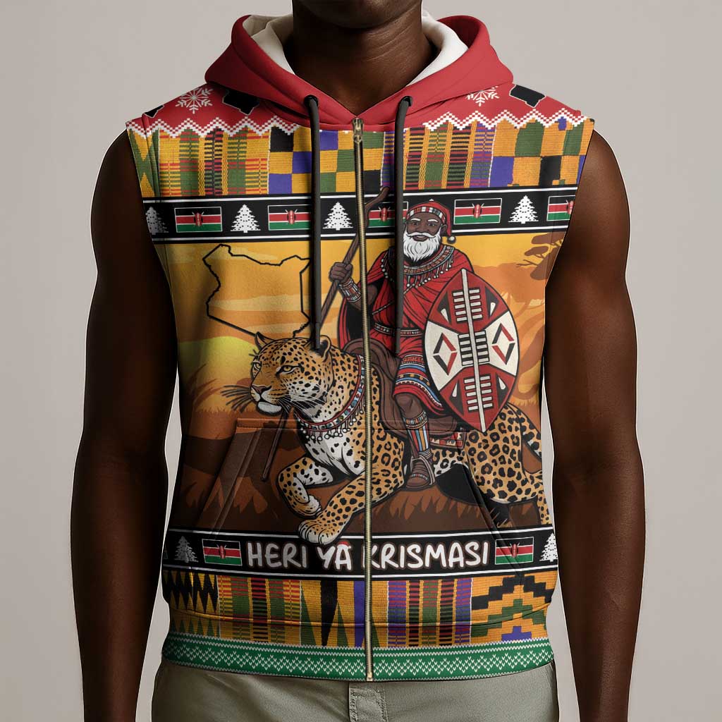 Afro Christmas in Kenya Safari Sleeveless Zip Hoodie Black Santa Riding Leopards - African Pride