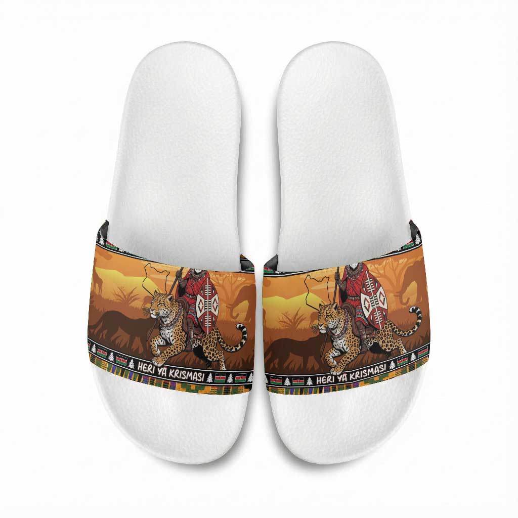 Kenya Safari Christmas Slide Sandals Black Santa Riding Leopards - Heri ya Krismasi