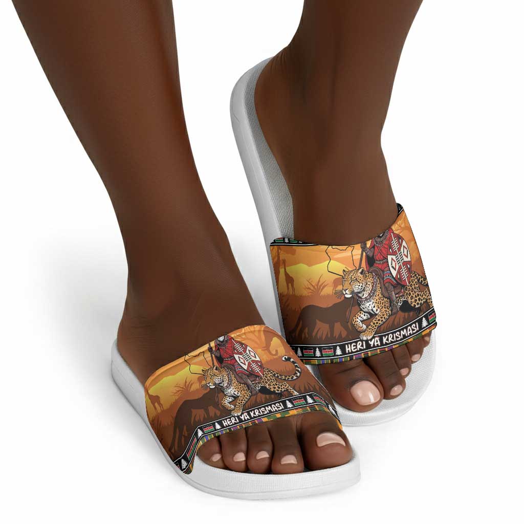 Kenya Safari Christmas Slide Sandals Black Santa Riding Leopards - Heri ya Krismasi