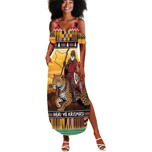 Afro Christmas in Kenya Safari Summer Maxi Dress Black Santa Riding Leopards - African Pride