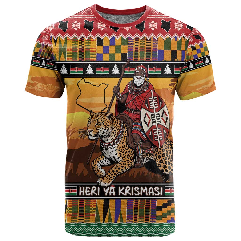 Afro Christmas in Kenya Safari T shirt Black Santa Riding Leopards - African Pride