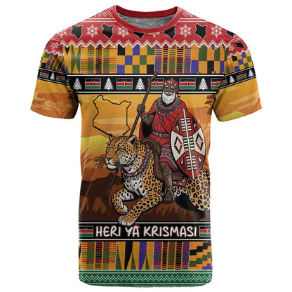 Afro Christmas in Kenya Safari T shirt Black Santa Riding Leopards - African Pride