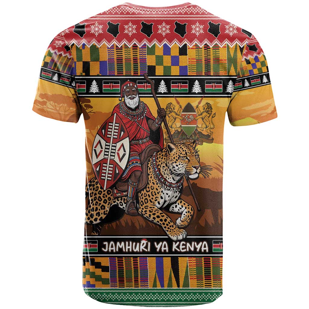 Afro Christmas in Kenya Safari T shirt Black Santa Riding Leopards - African Pride