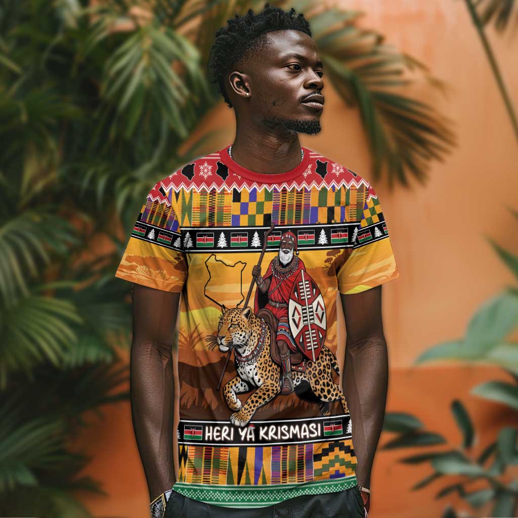 Afro Christmas in Kenya Safari T shirt Black Santa Riding Leopards - African Pride
