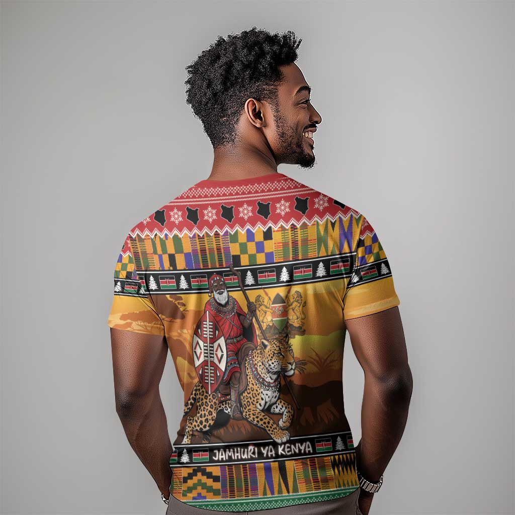 Afro Christmas in Kenya Safari T shirt Black Santa Riding Leopards - African Pride