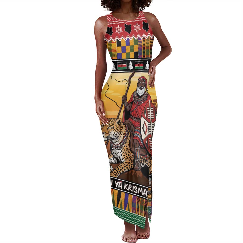 Afro Christmas in Kenya Safari Tank Maxi Dress Black Santa Riding Leopards - African Pride