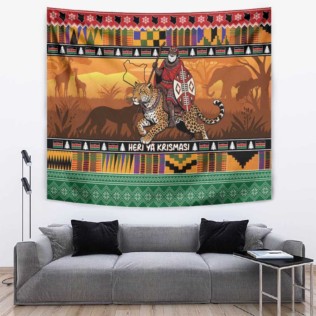 Afro Christmas in Kenya Safari Tapestry Black Santa Riding Leopards - African Pride