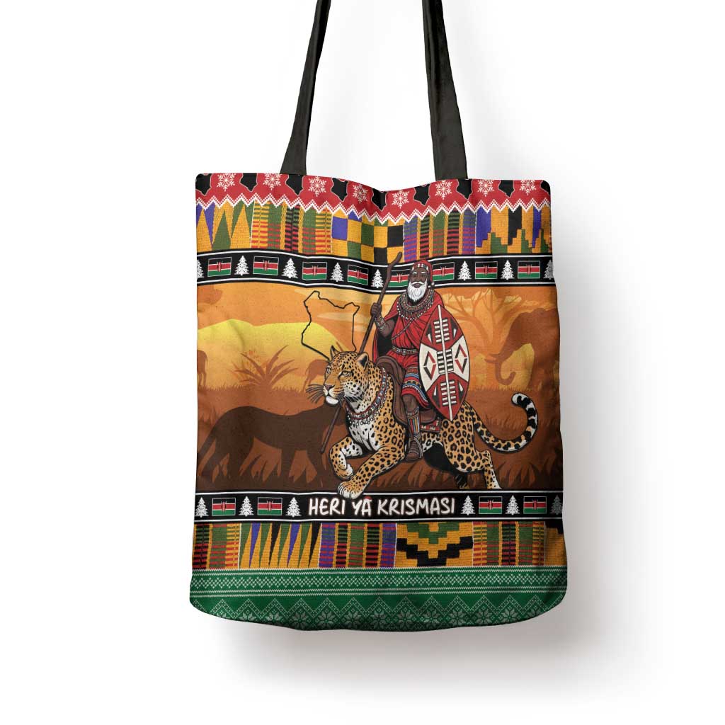 Kenya Safari Christmas Tote Bag Black Santa Riding Leopards - Heri ya Krismasi