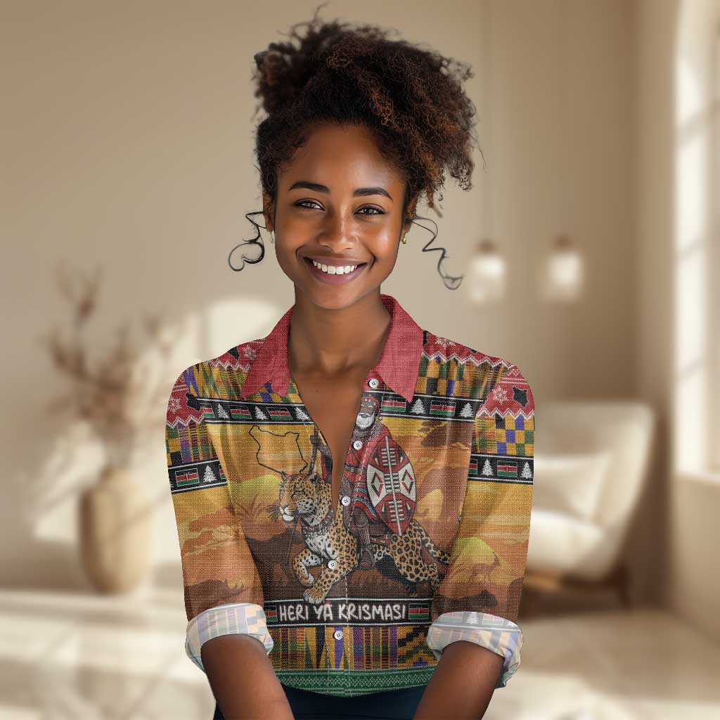 Afro Christmas in Kenya Safari Women Casual Shirt Black Santa Riding Leopards - African Pride