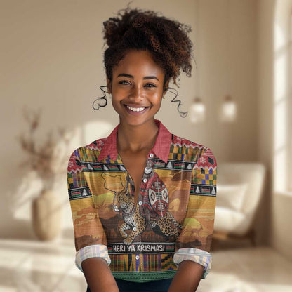 Afro Christmas in Kenya Safari Women Casual Shirt Black Santa Riding Leopards - African Pride