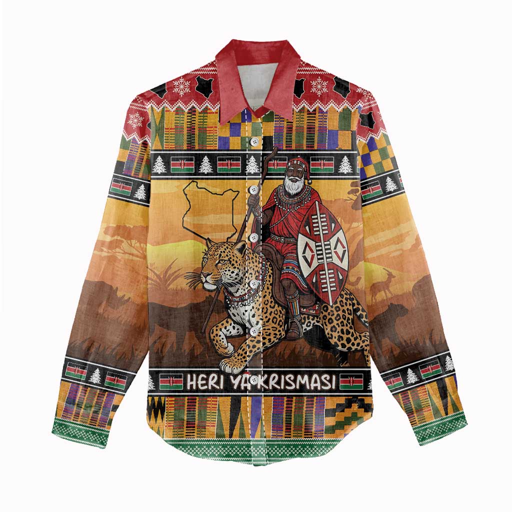 Afro Christmas in Kenya Safari Women Casual Shirt Black Santa Riding Leopards - African Pride