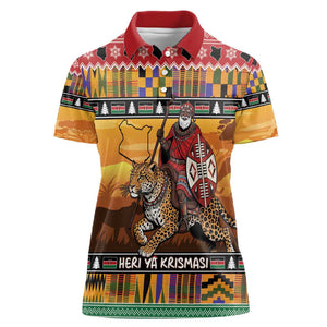 Afro Christmas in Kenya Safari Women Polo Shirt Black Santa Riding Leopards - African Pride