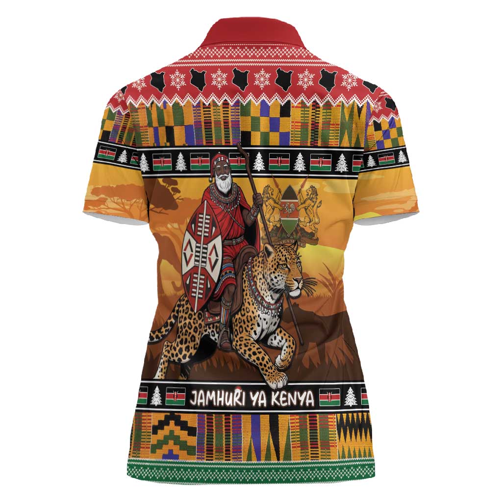 Afro Christmas in Kenya Safari Women Polo Shirt Black Santa Riding Leopards - African Pride